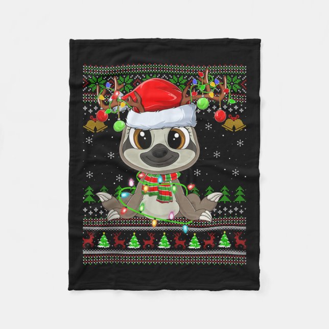 Funny Sloth Ugly Christmas Sweaters Holiday Santa  Fleece Blanket (Front)