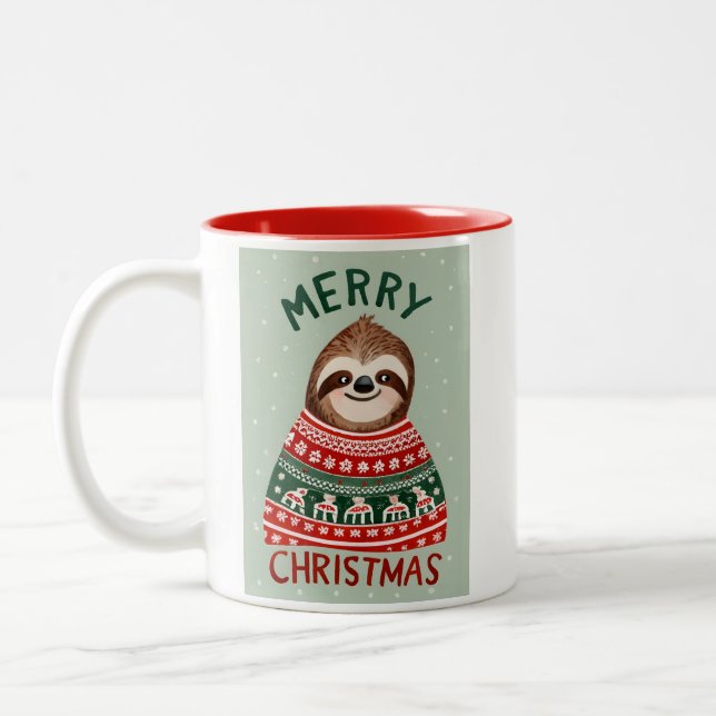 Funny Sloth With Christmas Sweater Two-Tone Coffee Mug (Left)