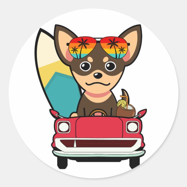Funny Small Dog is driving to the beach Classic Round Sticker (Front)