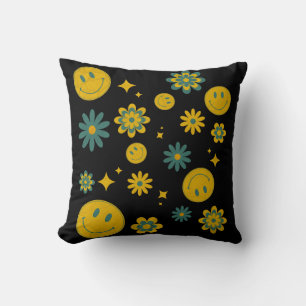 funny smile face and groovy flowers cushion