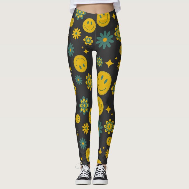 funny smile face and groovy flowers leggings (Front)
