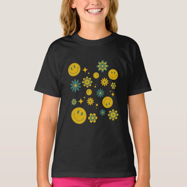 funny smile face and groovy flowers T-Shirt (Front)