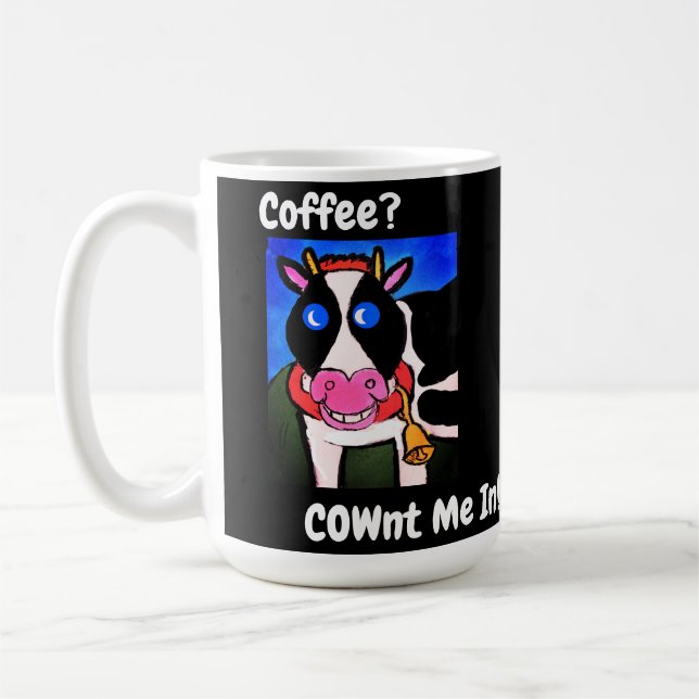 Funny Smiling Cartoon Coffee Loving Cow Coffee Mug (Left)