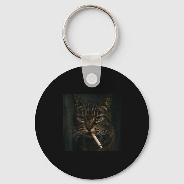 Funny Smoking Cat, Cigarette Kitty Gen Z Meme, Cat Key Ring (Front)