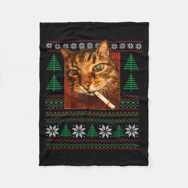 Funny Smoking Cat Meme Christmas Ugly  Fleece Blanket (Front)