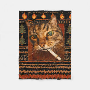 Funny Smoking Cat Meme Christmas Ugly  Fleece Blanket