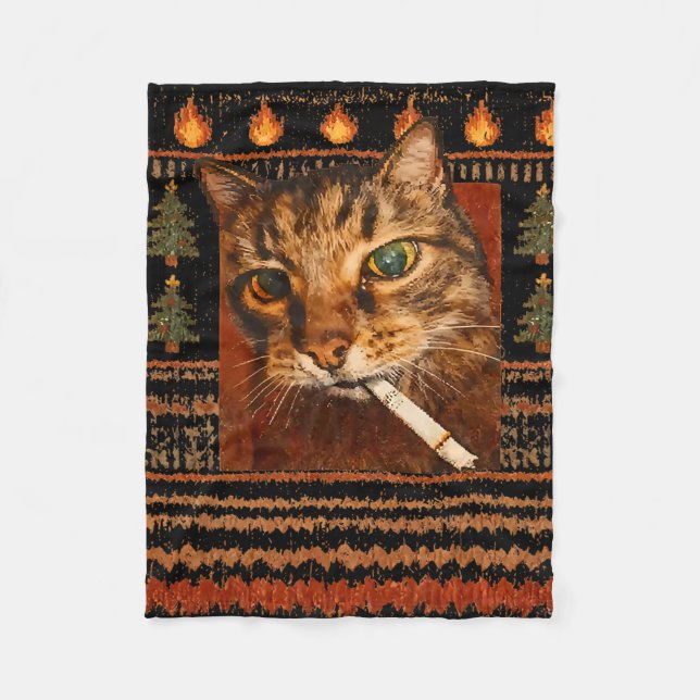 Funny Smoking Cat Meme Christmas Ugly  Fleece Blanket (Front)