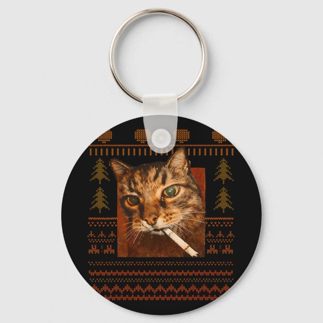 Funny Smoking Cat Meme Christmas Ugly For Men Wome Key Ring (Front)