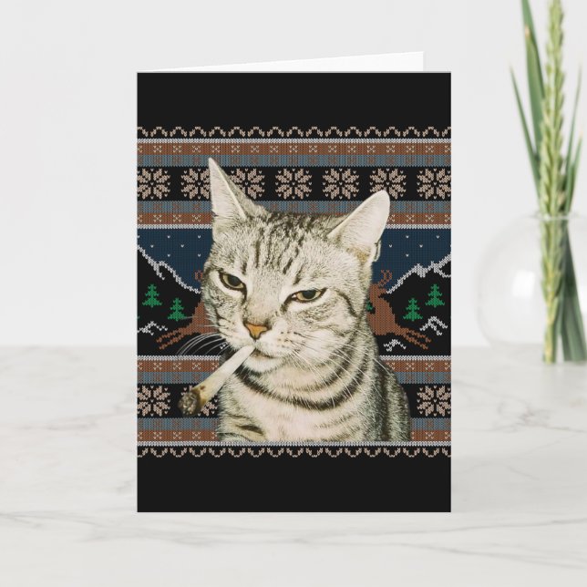 Funny Smoking Cat Meme Christmas Ugly Sweater Cat  Card (Front)