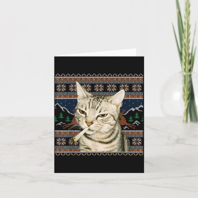 Funny Smoking Cat Meme Christmas Ugly Sweater Cat  Card (Front)