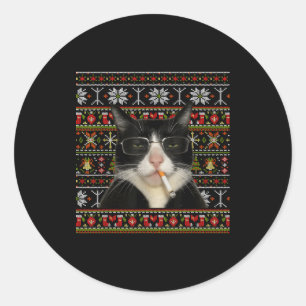 Funny Smoking Cat Meme Christmas Ugly Sweater Cat  Classic Round Sticker