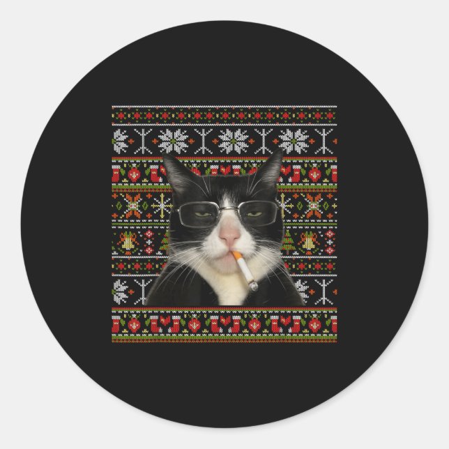 Funny Smoking Cat Meme Christmas Ugly Sweater Cat  Classic Round Sticker (Front)