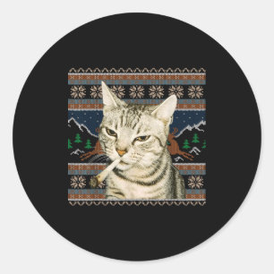 Funny Smoking Cat Meme Christmas Ugly Sweater Cat Classic Round Sticker