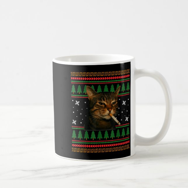 Funny Smoking Cat Meme Christmas Ugly Sweater Cat  Coffee Mug (Right)