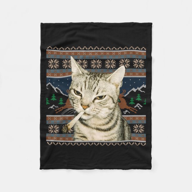 Funny Smoking Cat Meme Christmas Ugly Sweater Cat  Fleece Blanket (Front)