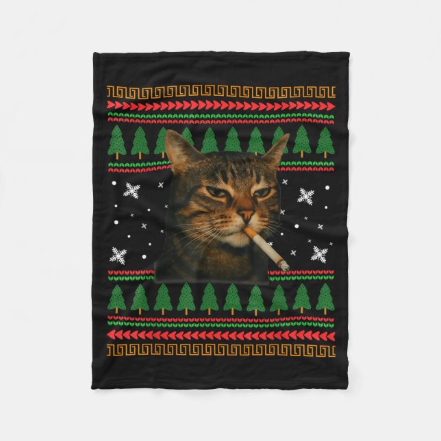 Funny Smoking Cat Meme Christmas Ugly Sweater Cat  Fleece Blanket (Front)