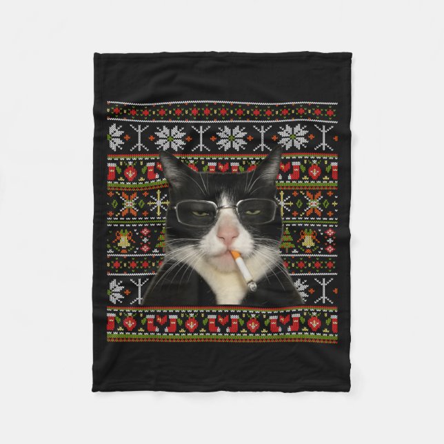 Funny Smoking Cat Meme Christmas Ugly Sweater Cat  Fleece Blanket (Front)