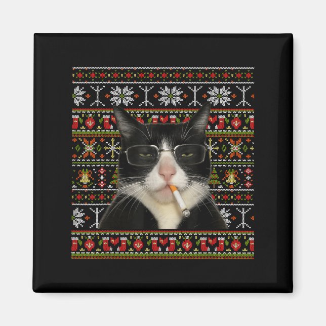 Funny Smoking Cat Meme Christmas Ugly Sweater Cat  Magnet (Front)