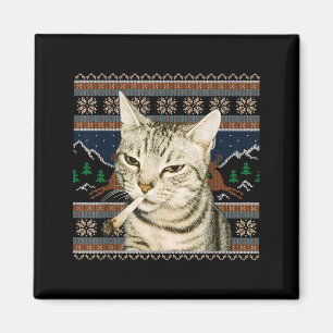 Funny Smoking Cat Meme Christmas Ugly Sweater Cat  Magnet