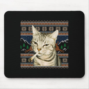 Funny Smoking Cat Meme Christmas Ugly Sweater Cat  Mouse Pad