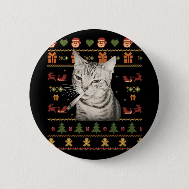 Funny Smoking Cat Meme Christmas Ugly Sweaters For 6 Cm Round Badge (Front)