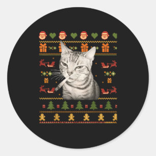 Funny Smoking Cat Meme Christmas Ugly Sweaters For Classic Round Sticker