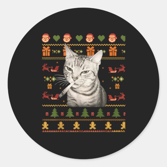 Funny Smoking Cat Meme Christmas Ugly Sweaters For Classic Round Sticker (Front)