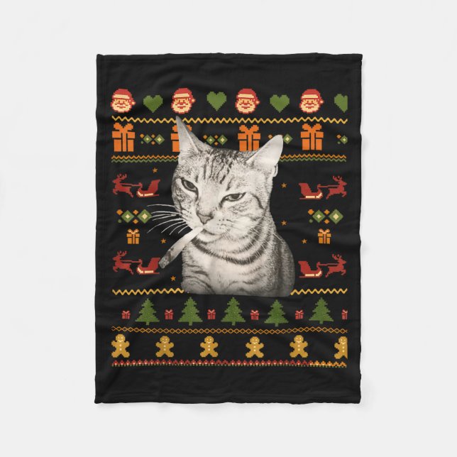 Funny Smoking Cat Meme Christmas Ugly Sweaters For Fleece Blanket (Front)