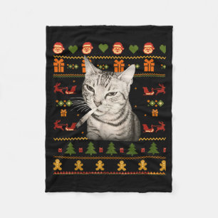 Funny Smoking Cat Meme Christmas Ugly Sweaters For Fleece Blanket