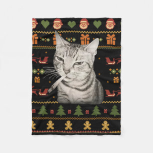Funny Smoking Cat Meme Christmas Ugly Sweaters For Fleece Blanket