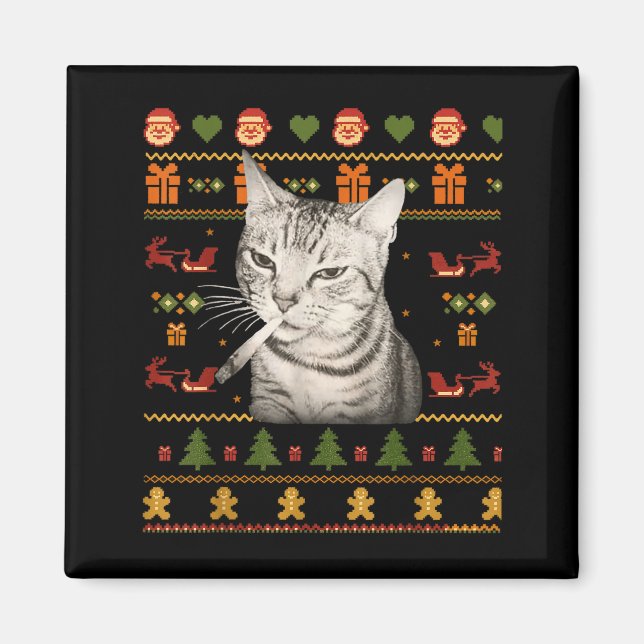 Funny Smoking Cat Meme Christmas Ugly Sweaters For Magnet (Front)