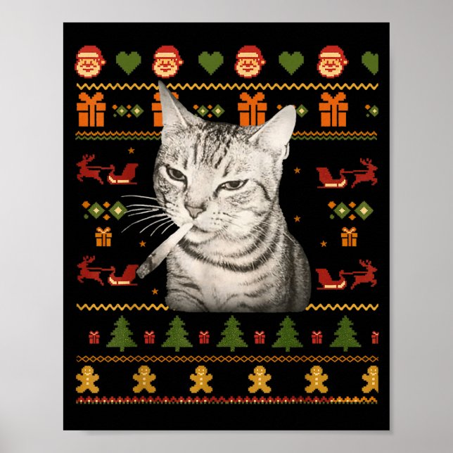 Funny Smoking Cat Meme Christmas Ugly Sweaters For Poster (Front)
