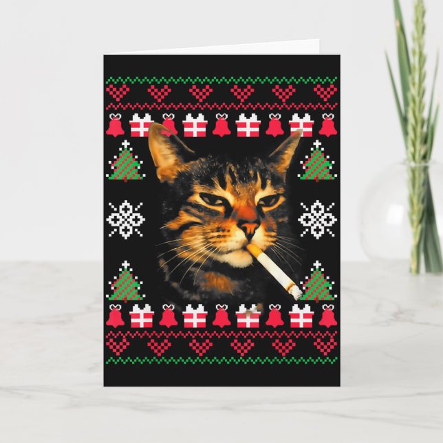 Funny Smoking Cat Meme Ugly Christmas Sweater For  Card (Front)