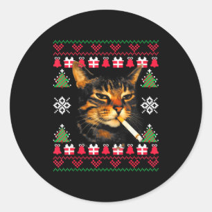 Funny Smoking Cat Meme Ugly Christmas Sweater For  Classic Round Sticker