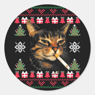 Funny Smoking Cat Meme Ugly Christmas Sweater For Classic Round Sticker