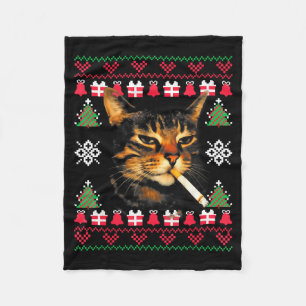 Funny Smoking Cat Meme Ugly Christmas Sweater For  Fleece Blanket