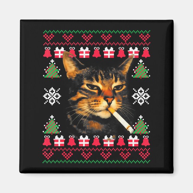 Funny Smoking Cat Meme Ugly Christmas Sweater For  Magnet (Front)