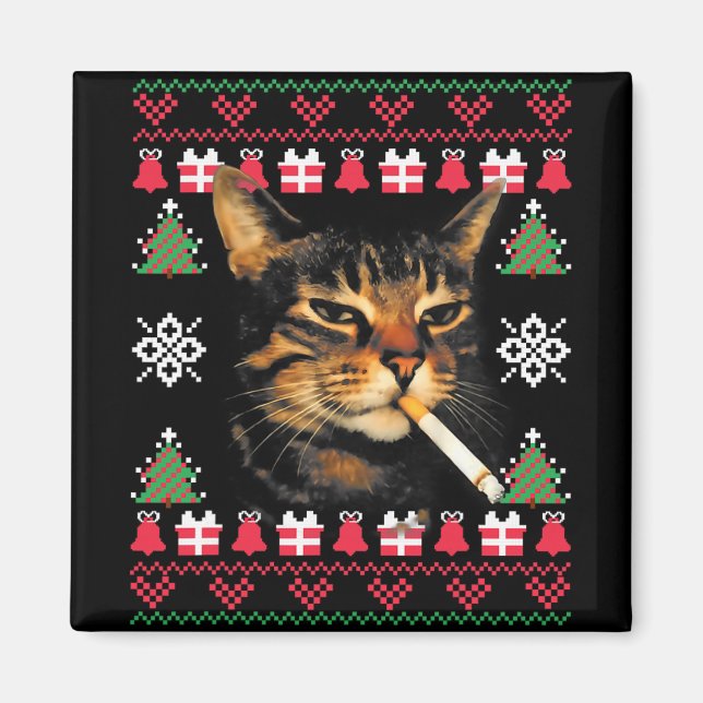 Funny Smoking Cat Meme Ugly Christmas Sweater For  Magnet (Front)