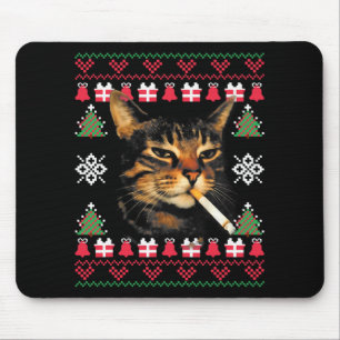 Funny Smoking Cat Meme Ugly Christmas Sweater For  Mouse Pad