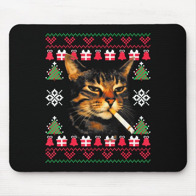 Funny Smoking Cat Meme Ugly Christmas Sweater For  Mouse Pad (Front)