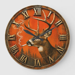 Funny Smoking Deer Rustic Hunting Cabin Large Clock