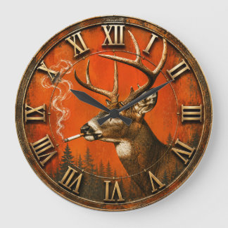 Funny Smoking Deer Rustic Hunting Cabin Large Clock