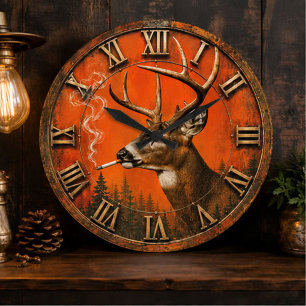 Funny Smoking Deer Rustic Hunting Cabin  Large Clock