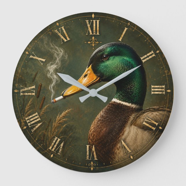 Funny Smoking Duck Hunter Cabin  Large Clock (Front)