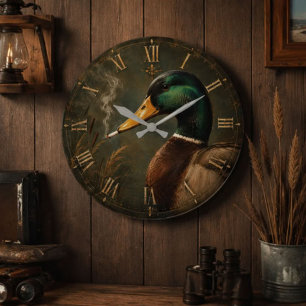 Funny Smoking Duck Hunter Cabin Large Clock