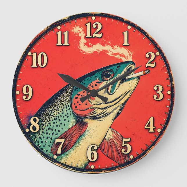 Funny Smoking Fish Fisherman  Large Clock (Front)