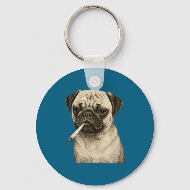 Funny Smoking Pug Dog Cigarette Gen Z Meme Graphic Key Ring (Front)