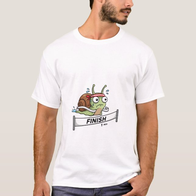 Funny Snail Athlete Crossing Finish Line Cartoon T-Shirt (Front)