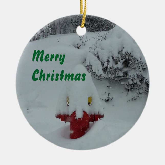 Funny Snow-covered Fire Hydrant Ceramic Tree Decoration (Front)