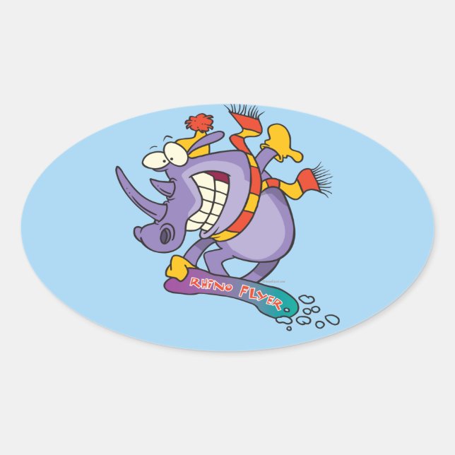 funny snowboarder snowboarding rhino cartoon oval sticker (Front)